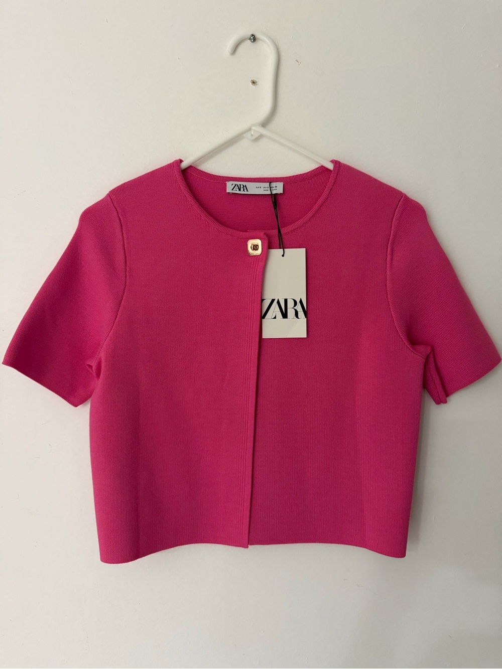 Zara Hot Pink Short Sleeve Boxy Knit Cardigan S NWT
